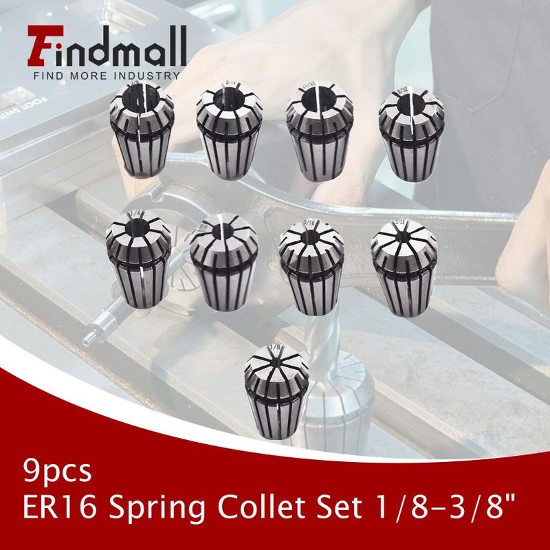 findmall 9pcs ER16 Spring Collet Set 1/8-3/8" CNC Milling Lathe Tool Engraving Machine 1/8" 5/32" 3/16" 7/32" 1/4" 9/32" 5/16" 11/32" 3/8 - Image 2